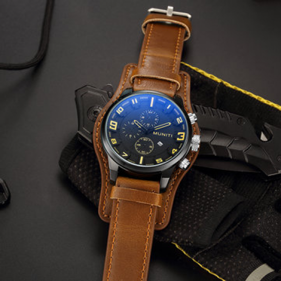 MUNITI Sport Military Watch Quartz Big Dial Calendar Leather Watches for Men Army Male Clock for Men Watches